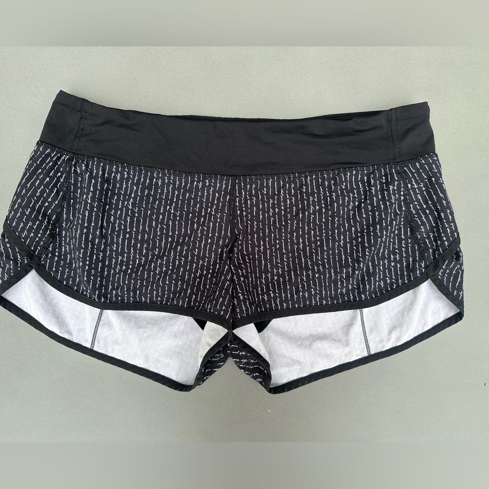 Rare Lululemon 6 inch Speed Up Shorts with Script Writing